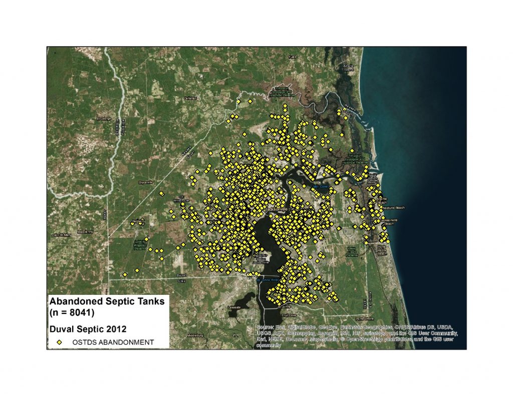 Map of all abandoned OSTDS in Duval County during 1992-2012