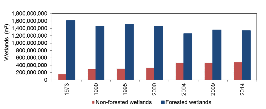 Figure 4.12 Forested wetlands and non-forested wetlands in the Lower St. Johns River Basin based on land use/land cover maps (SJRWMD 2017a).