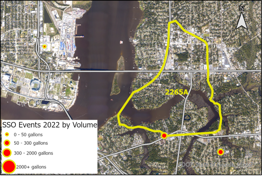 Figure 2.31 The Arlington River Tributary (WBID 2265A) with sanitary sewer overflows reported by JEA in 2022 (JEA 2022b).
