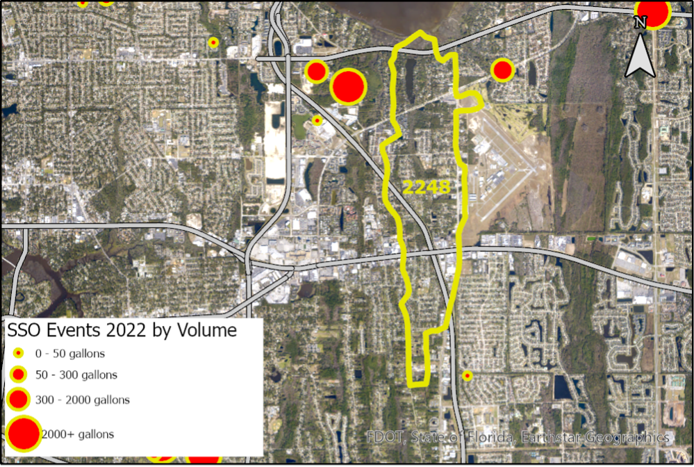 Figure 2.41 The Ginhouse Creek Tributary (WBID 2248) with sanitary sewer overflows reported by JEA in 2022 (JEA 2022b).